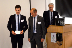 photograph - Mike Hartman, second prize winner with Mike Southworth from the Royal Aeronautical Society Flight Simulation Group and Dave Southwood, test pilot and flying judge